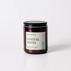 Coastal Waves Soy Candle - sea salt, wildflowers, driftwood scented candle in 7.7 oz amber glass jar with lid by Borneo Candle Studio Brunei