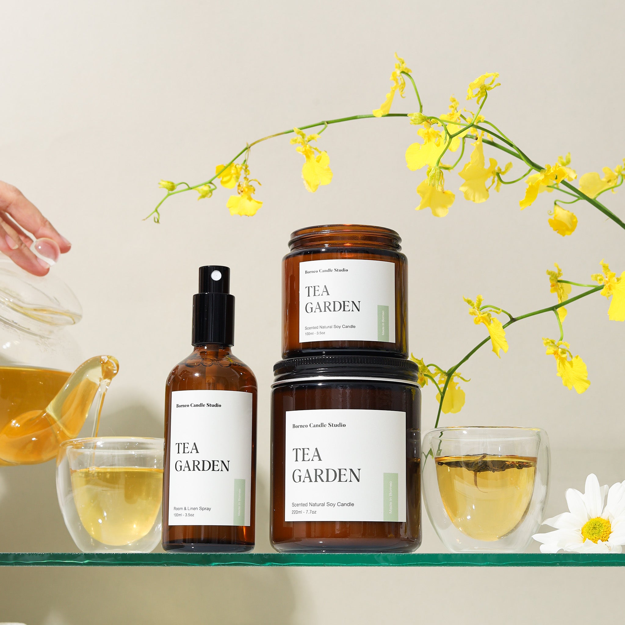 Tea inspired scented candle by Borneo Candle Studio Brunei. Tea Garden Scented Candle with scent notes of lemon, white tea and green tea in scented candles and room spray.