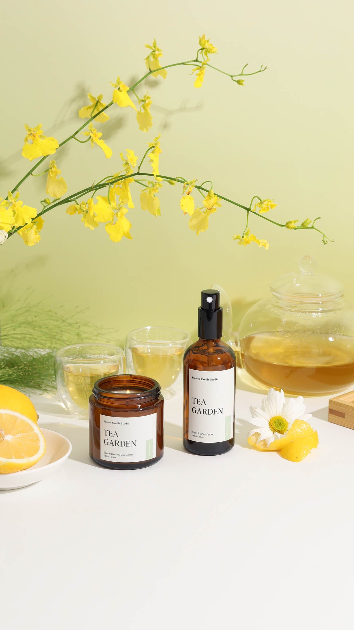 Tea Garden Scented Soy Candle and Tea Garden Room Spray by Borneo Candle Studio Brunei. With scent notes of white tea, green tea and lemon