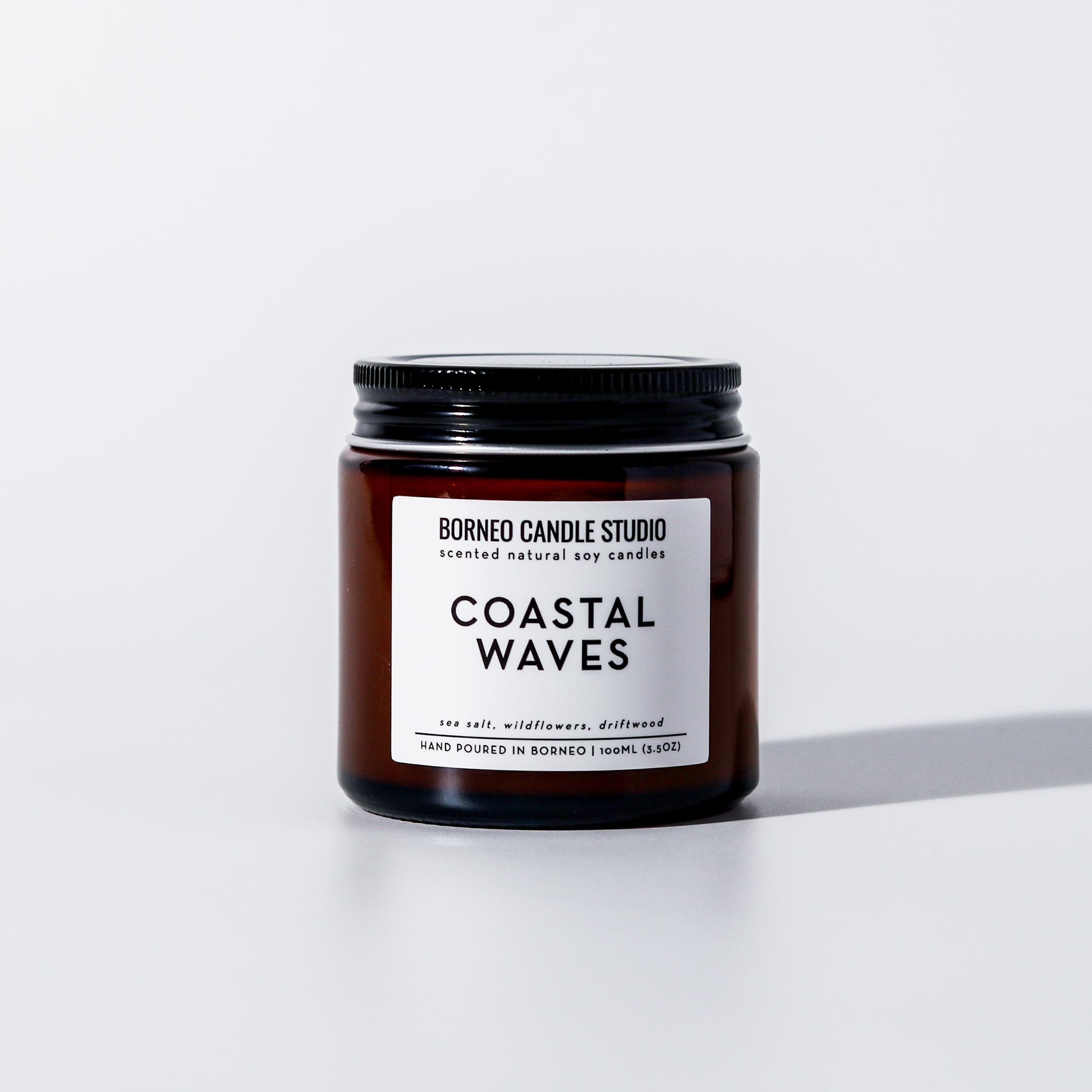 Coastal Waves Soy Candle - sea salt, wildflowers, driftwood scented candle in 3.5 oz amber glass jar with lid